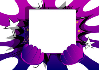 Vector cartoon hand holding a big white box. Illustrated hand on comic book background.