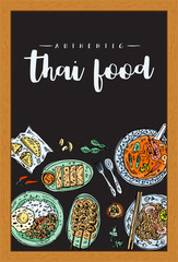 Hand drawn top view traditional Thai food on a blackboard, Vector Illustration