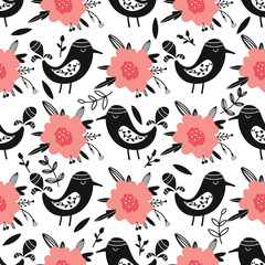 Scandinavian birds seamless pattern. Sketch for wrapping paper, textile, background vector fill.