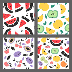 Set of fruit seamless patterns. Cartoon texture with watermelon, apple, pear, plum and cherry. Sketch for wrapping paper, textile, background vector fill.
