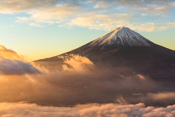 Fuji mountain and the mist over Lake Kawaguchiko at beautiful sunrise , Yamanashi, Japan, Mount...