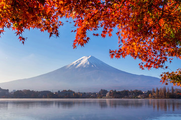 Fuji Mountain with red maple in Autumn at Kawaguchiko Lake, Japan. Mount Fuji is the highest mountain in Japan