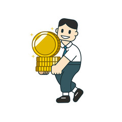 Vector cartoon business concept businessman with big coin stack for design.