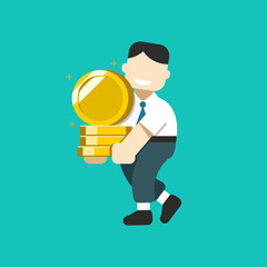 Cartoon business concept a businessman using smartphone with big coin stack for design.
