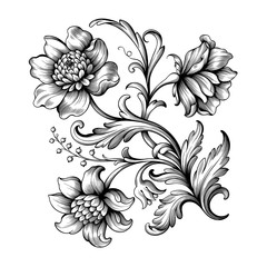 Flower vintage Baroque scroll Victorian frame border floral ornament leaf engraved retro pattern rose peony decorative design tattoo black and white filigree calligraphic vector - 251107267