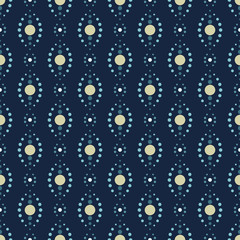 Seamless vector geometric pattern with in blue colors on dark background. Abstract print spotted with small circles