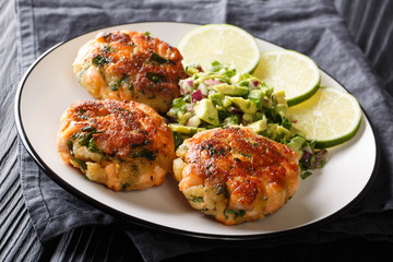 Salmon Patties are delicious and flavorful, made with salmon, bread crumbs, and fresh green onions closeup on a plate on the table. horizontal