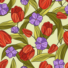 Seamless vector floral pattern with hand drawn tulip flowers in bright natural colors on light background. Ditsy floral print