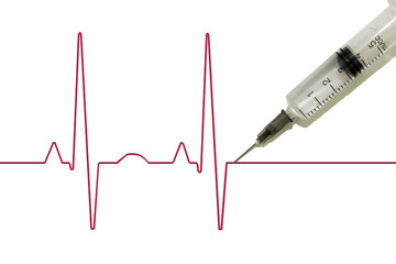 Euthanasia, drug addiction, schematic cardiogram of the pulse with a syringe stuck into it, after which death occurs
