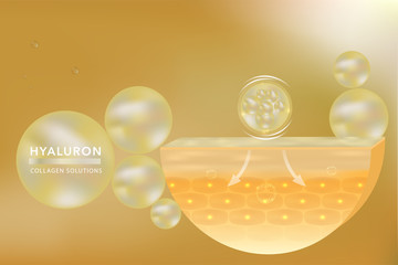 Hyaluronic acid skin solutions ad, Gold collagen serum drop with cosmetic advertising background ready to use, vector illustration.
