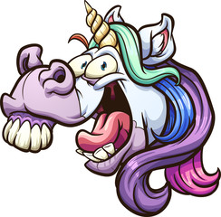Crazy cartoon unicorn head laughing and neighing clip art. Vector illustration with simple gradients. All in a single layer.  - obrazy, fototapety, plakaty