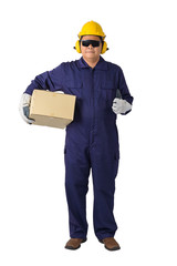 portrait of a worker in Mechanic Jumpsuit Was carrying a box isolated on white background