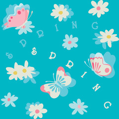 Spring floral seamless pattern. Vector background with Flowers and Butterflies at doodle style.