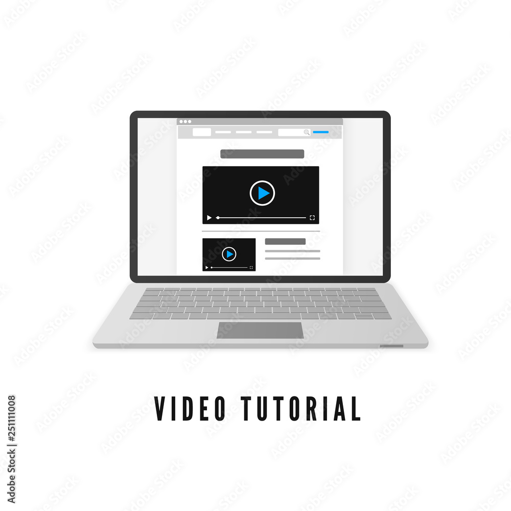 Poster video tutorial. laptop with website on monitor. vector illustration isolated on white background