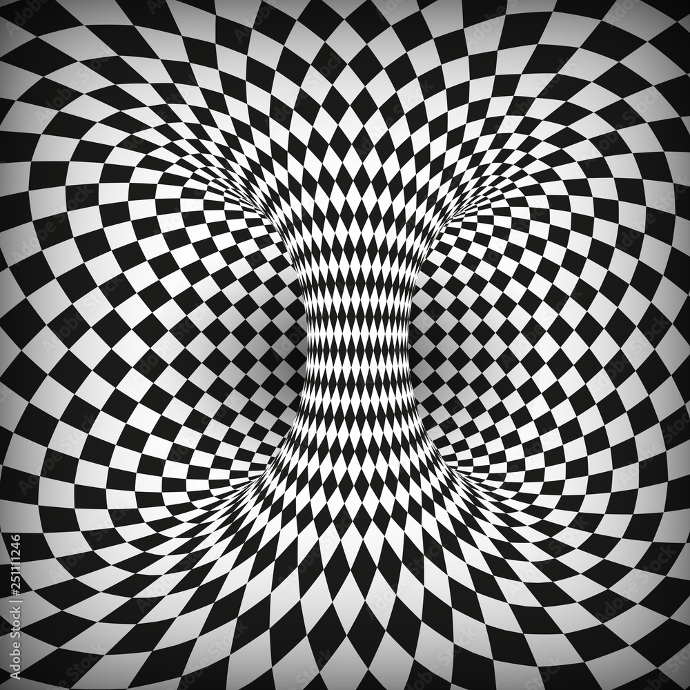 Poster geometric square black and white optical illusion. abstract wormhole tunnel. distort of space and ti