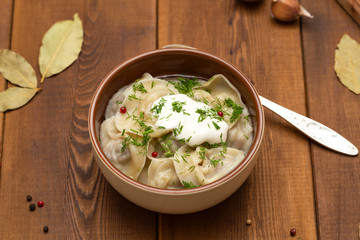 Russian pelmeni meat Dumplings with greens in the plate on wooden table. Tasty homemade meat dumplings.