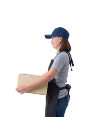 delivery woman in Gray shirt and apron is holding boxes isolated