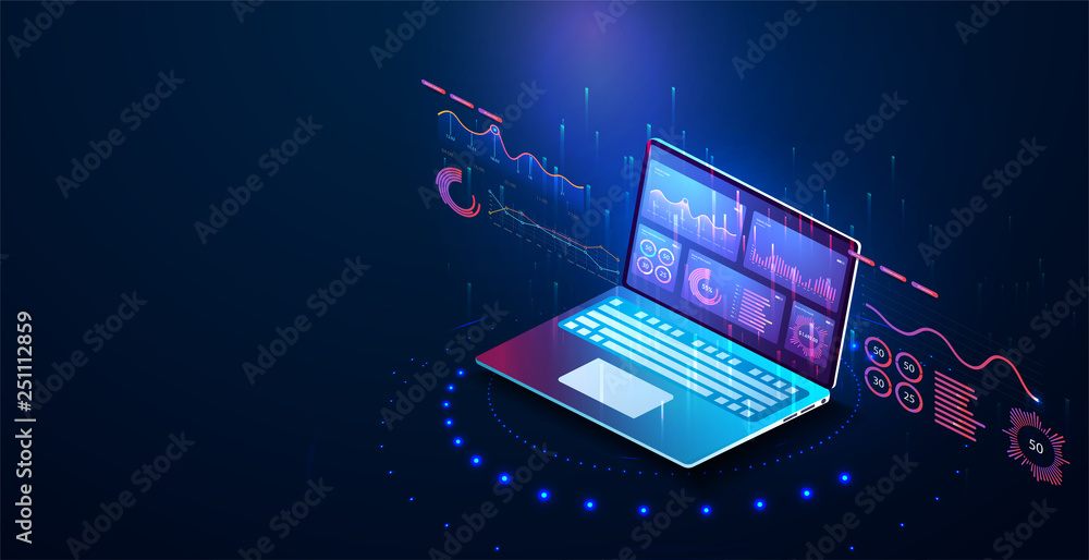 Fototapete application of laptop with business graph and analytics data on isometric laptop . analysis trends a