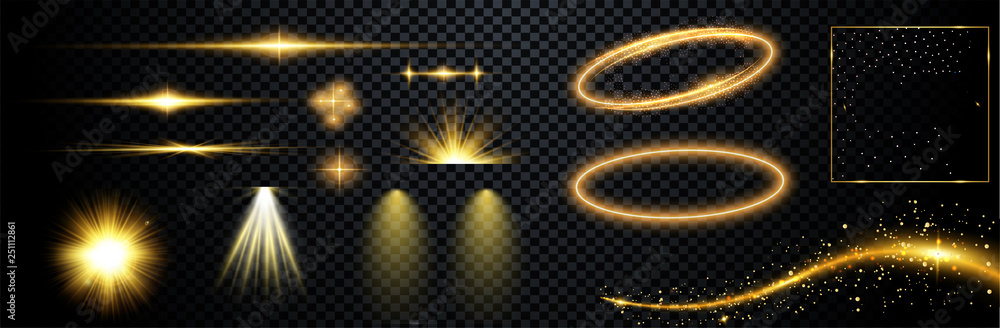 Poster set of flashes, lights and sparks. abstract golden lights isolated on a transparent background. brig