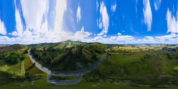 Aerial, New Zealand countryside road. 360 VR Panorama 
