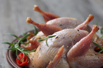 Raw quails ready for cooking on ceramic plate with spices