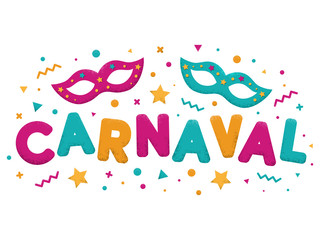 Carnival purple, blue and yellow text with decorated masks. Venetian carnival, Mardi Gras, Brazil carnaval. Popular event in Brazil. Carnaval title with colorful party elements. Vector illustration