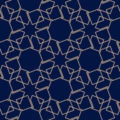 Foto op Plexiglas Donkerblauw Geometrische vierkante print. Gouden patroon op donkerblauwe naadloze achtergrond