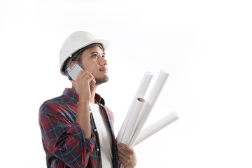 Portrait of asian engineer holding blueprint smiling and using a cellphone isolated on white background