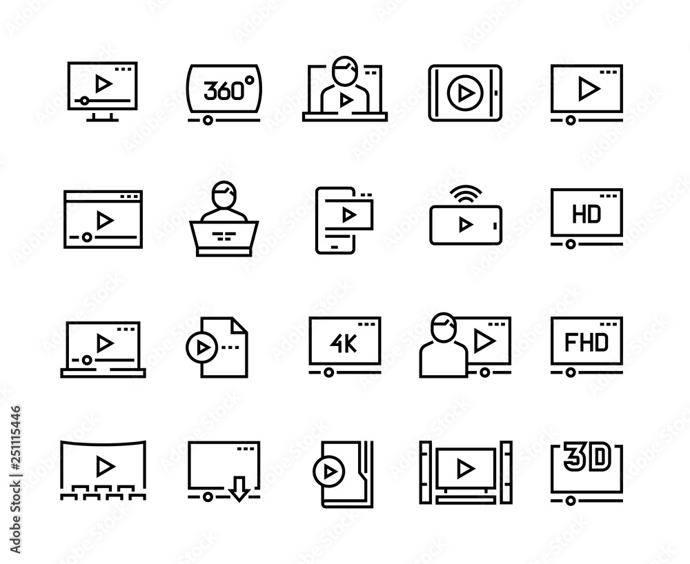 Poster online player line icons. video streaming online tutorial digital presentation podcast screen, onlin