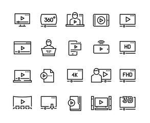 Online player line icons. Video streaming online tutorial digital presentation podcast screen, online video player vector symbols set