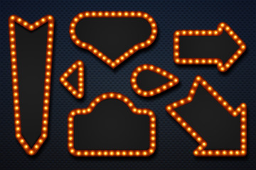 Retro marquee frames. Light bulb arrows vintage makeup mirror movie circus casino signboard. Vector 3D realistic frame set
