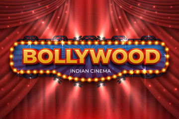 Indian cinema background. Bollywood film poster with red drapes, 3D realistic movie award stage. Blue vector Bollywood cinematography