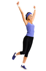 happy smiling woman jumping or doing fitness aerobics exercise, isolated