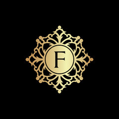 Classic vintage style logo icon golden. Royal hotel, restaurant, Premium boutique, Fashion logo. Letter F logo.