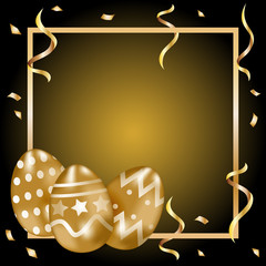 Happy Easter background with golden decorated eggs. Vector illustration greeting card
