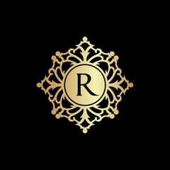 Classic vintage style logo icon golden. Royal hotel, restaurant, Premium boutique, Fashion logo. Letter R logo.