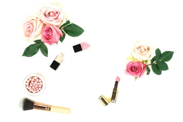 Obraz na płótnie Canvas Makeup cosmetic accessories products pearl make up powder and brush, lipstick, pink roses on white background. Flat lay. Top view. Copy space