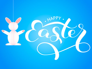 Vector illustration. Happy Easter greeting card with paper easter rabbit decoration on blue Background