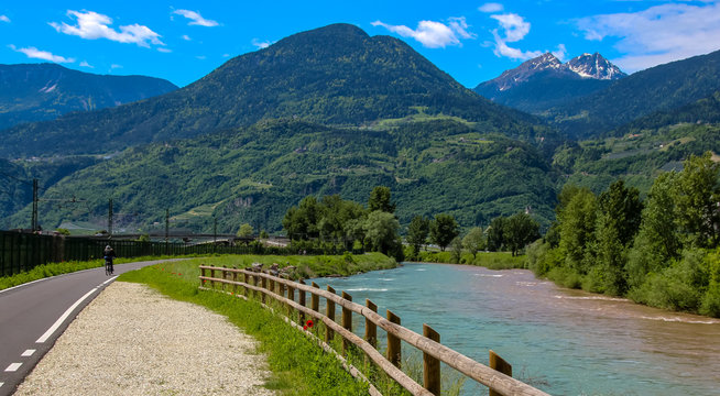 bike road along the river etsch. travel meran south tyrol