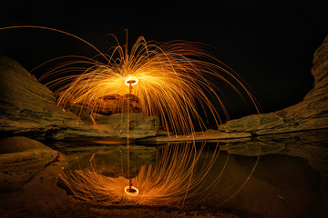 Reflection of Light painting at Sam Pan Bok the Grand Canyon in Thailand, Ubonratchathani.