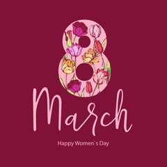 8 March. Happy Women's Mother's Day. Floral Greeting Card. Hand Drawn. Vector illustration