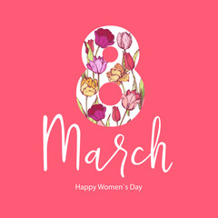 8 March. Happy Women's Mother's Day. Floral Greeting Card. Hand Drawn. Vector illustration
