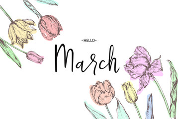 Inscription Hello March on background with hand drawn flowers. Vector illustration. © ireneromanova