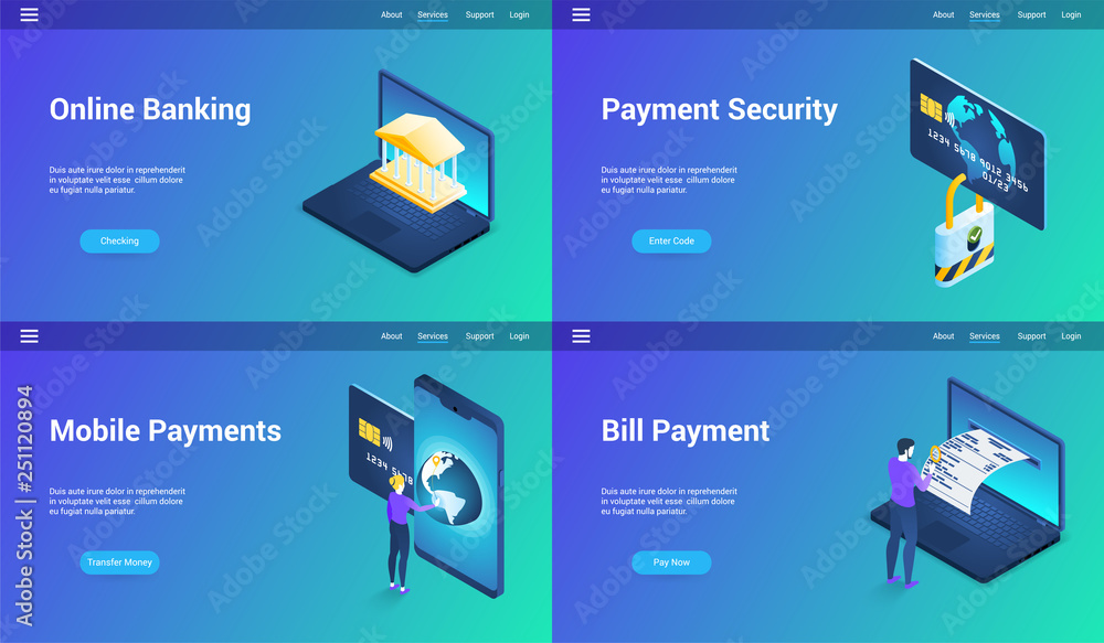 Poster isometric landing page templates for online banking. vector illustration mock-up for website and mob