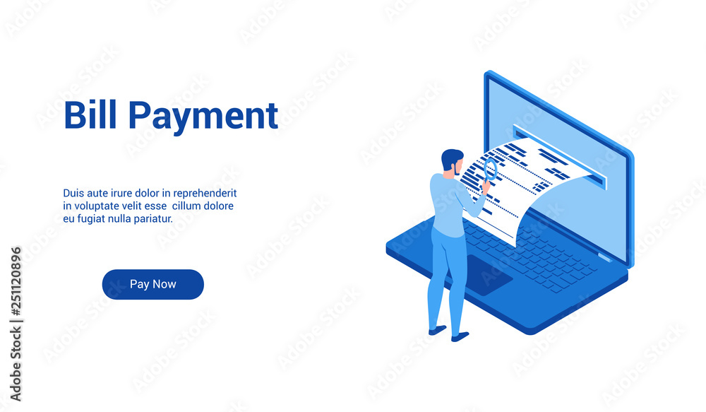 Poster isometric landing page template for bill payment. vector illustration mock-up for website and mobile