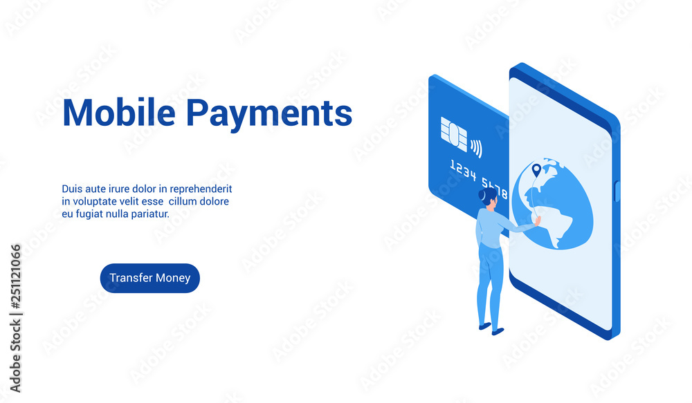 Poster isometric landing page template for mobile payments. vector illustration mock-up for website and mob