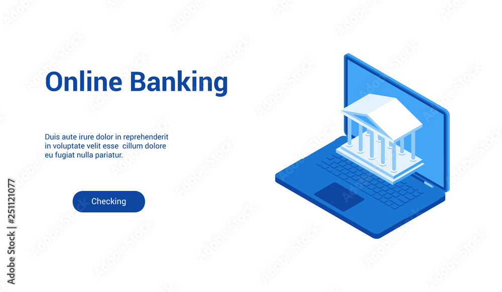 Poster isometric landing page template for online banking. vector illustration mock-up for website and mobi