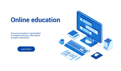 Isometric landing page template for online education. Vector illustration mock-up for website and mobile website
