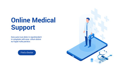 Fototapeta premium Isometric landing page template for online medical support. Vector illustration mock-up for website and mobile website