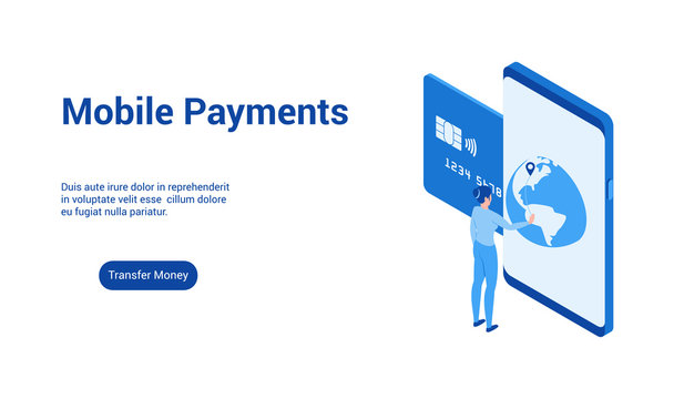 Isometric landing page template for mobile payments. Vector illustration mock-up for website and mobile website